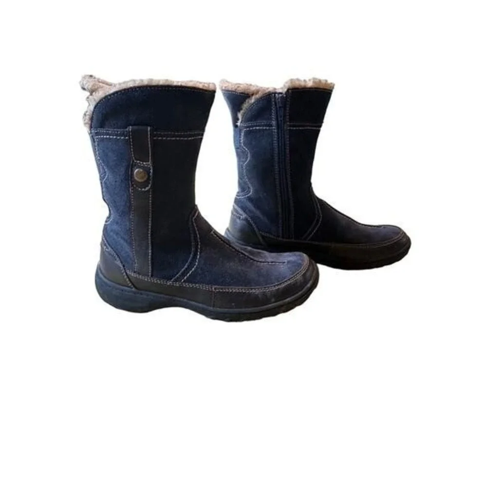 Navy Blue Suede Mid-Calf Winter Boots Faux Fur Lined Zipper‎ Detail Womens